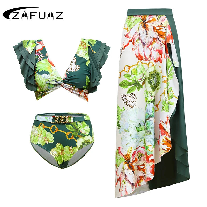 ZAFUAZ Sexy 2024 Ruffle Two Piece Women Swimwear Bikini Swimsuit Summer Beach Skirt High Waist Bikinis Set Bathing Suit Dress