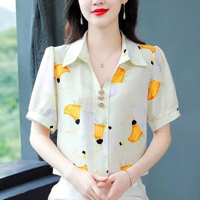 

Elegant Fashion Harajuku Slim Fit Female Clothes Loose Casual All Match T-shirts Printed Button POLO Collar Short Sleeve Blusa