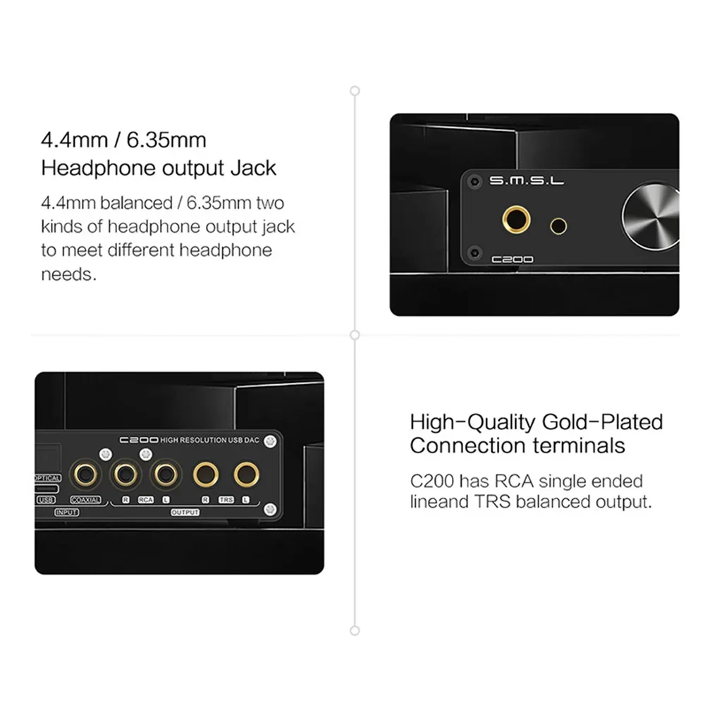 SMSL C200 USB DAC 헤드폰 앰프, OPA1612A * 4 TRS 밸런스드 4.4mm 6.35mm 출력, PS4 PS5 용 블루투스 5.1 HiFi 디코더, ES9038Q2M