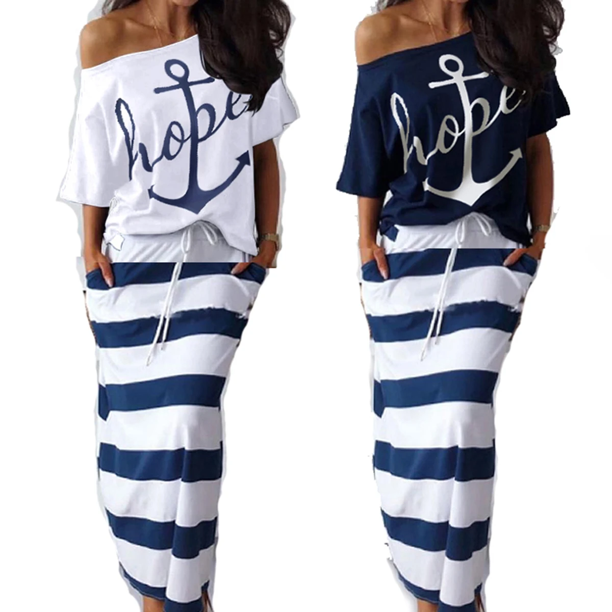 Summer Plus Size Elegant Vacation Leisure Two-pieces Suit Sets Ladies Boat Anchor Print T-Shirt & Striped Maxi Skirt Sets S-3XL