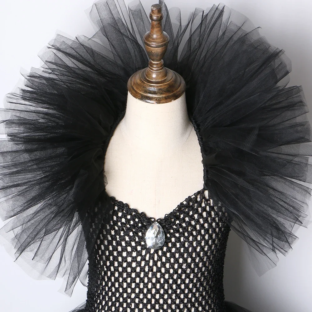 AOLIUP Halloween Maleficent kostuum voor kinderen: meisjes boze koninginnenjurk set met hoorns hoofdtooi zwarte vleugels cape voor Halloween carnaval verkleedpartij cosplay party outfits (L