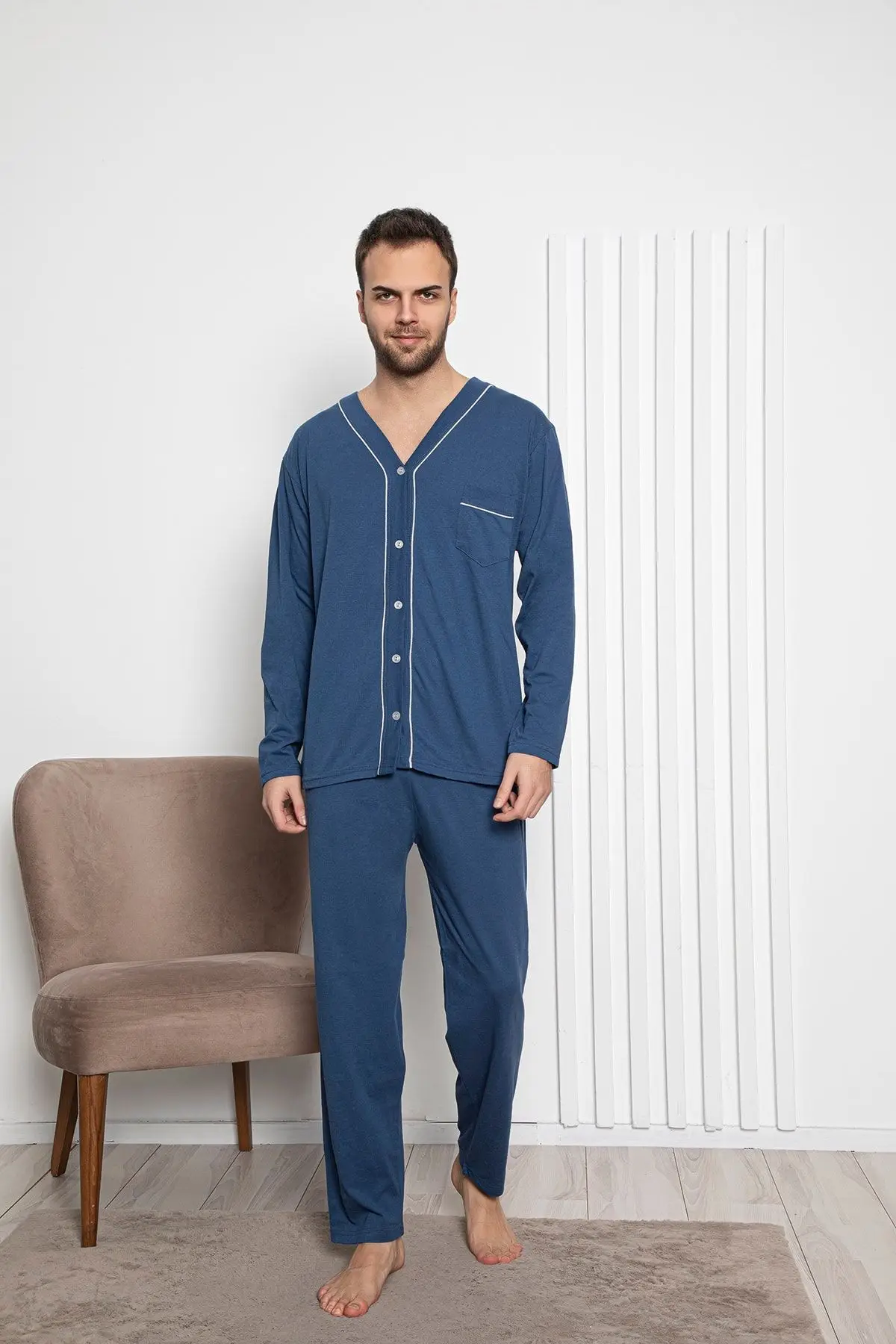 Men's Navy Blue Long Sleeve Pajama Set