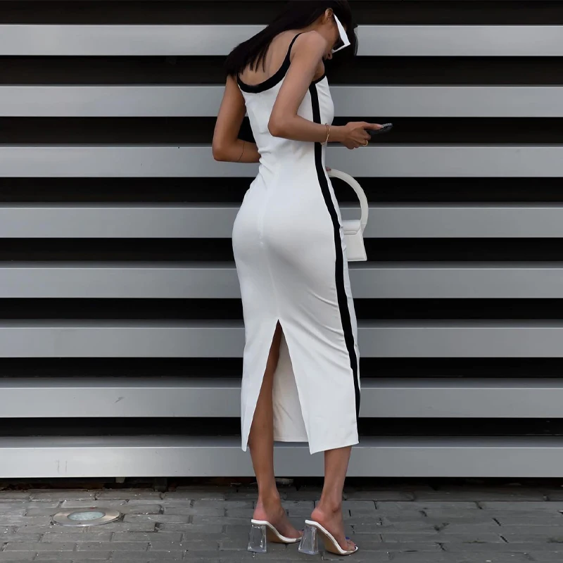 White V Neck Sleeveless Maxi Dress Women Slip Slit Sexy Long Dress Bodycon  Slim Party Festival Y2K Outfit Mujer Party Dresses