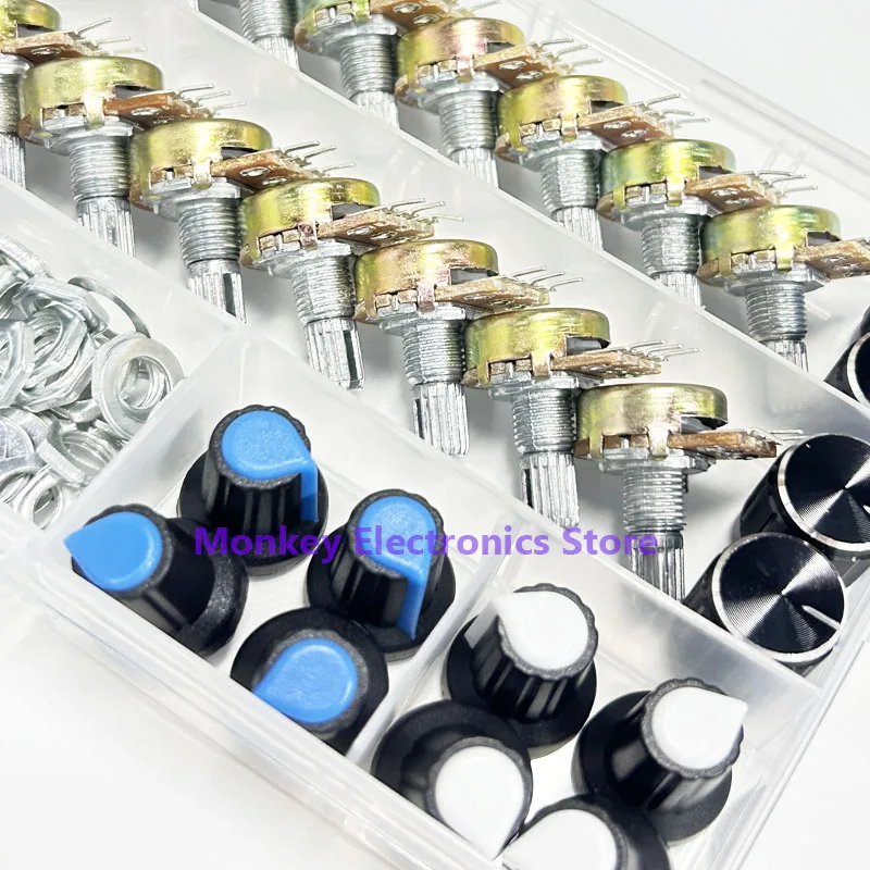 Potentiometers adjustable resistor multiturn potentiometer linear potentiometer rotary potentiometer potentiometer knobs potentiometer kit trimmer potentiometer WH148 Single 3pines 40PCS Kit box switch 15MM potenciometro B5K 10K 20K 50K 100K With 20PCS Knobs Set Shaft Nut