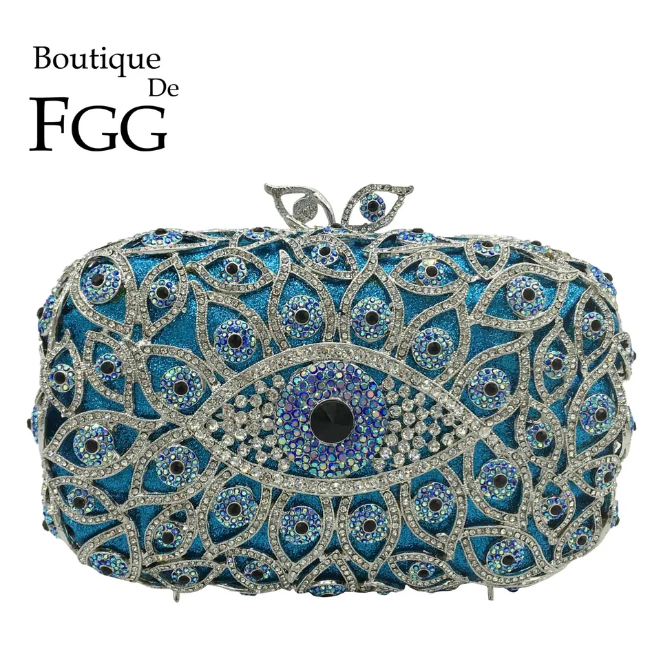 Pochette Donna Boutique De FGG In Acrilico Con Occhio Malvagio - Borsa Serata Glitterata Bianca E Nera - Piccola