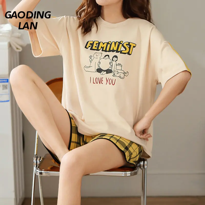 

Gaodinglan Thin Pure Cotton Short Sleeve Pajamas for Women Large Size 2 Piece Short Pyjamas Suit Letter Cartoon Print Nightwear