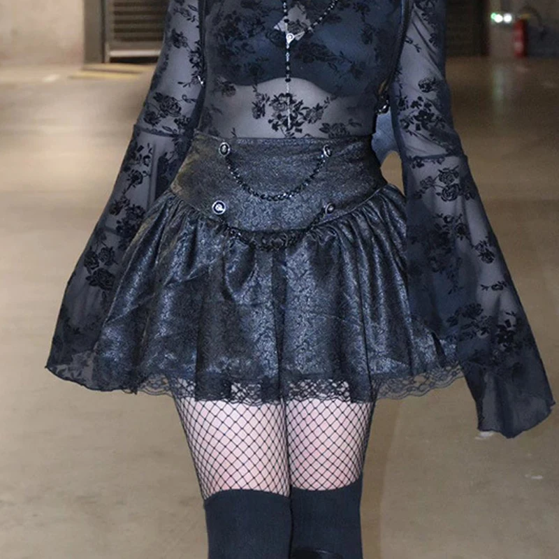 

Goth Dark Mall Gothic Aesthetic Pleated Mini Skirts Grunge Punk Vintage High Waist Aline Skirt Chain Black Streetwear Alt Clothe