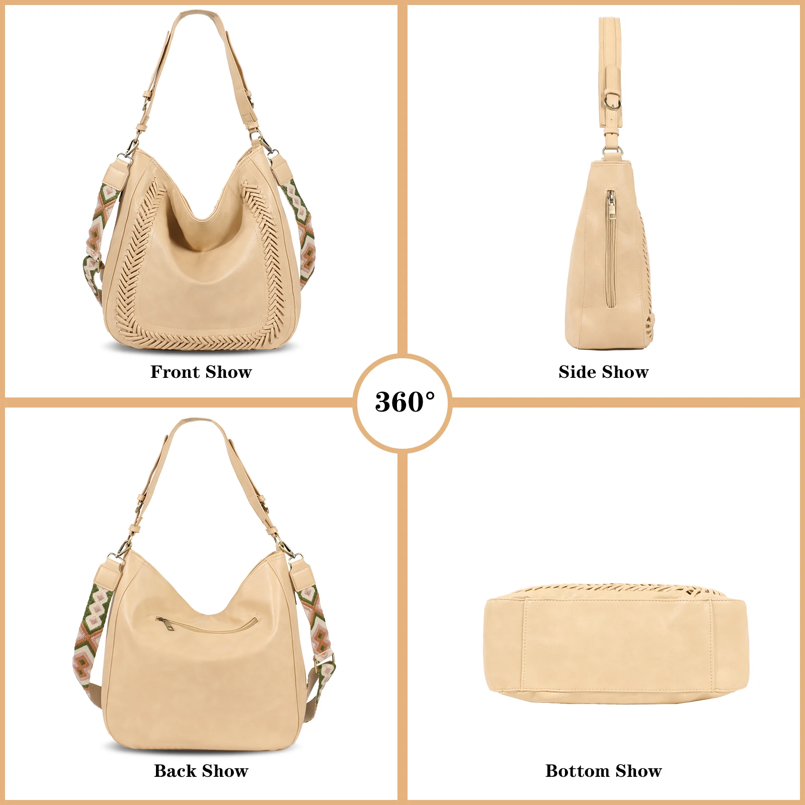 Women Hobo Bag Vegan Leather Whipstitch Crossbody Removable Guitar Strap Buckle Handle Purse Rustic Slouchy Satchel Shoulder