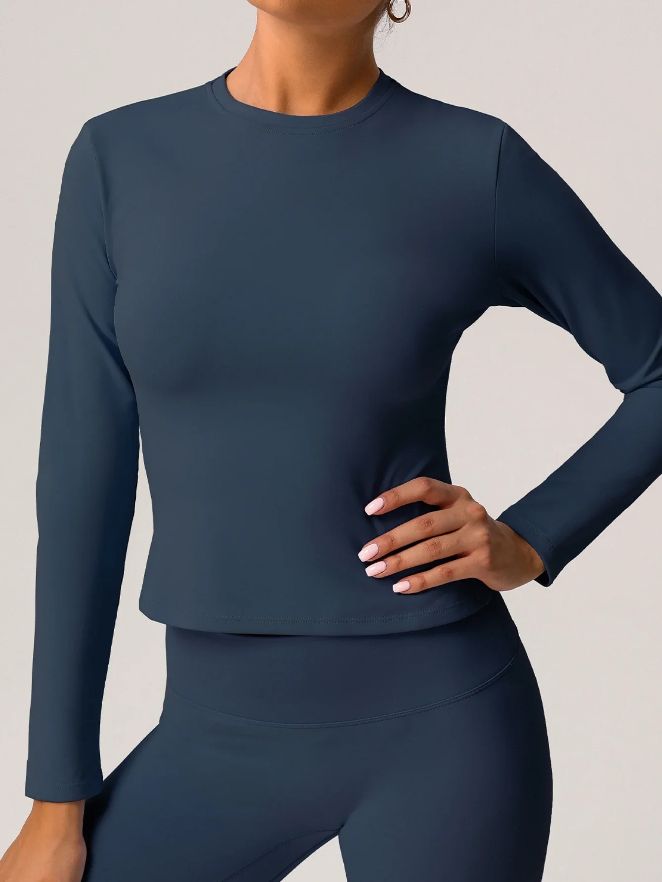 Warm Long Sleeve Top Yoga Clothing for Women Solid Color Round Neck Slimming Fitness Exercise Sports Wear Gym T-shirt 8924