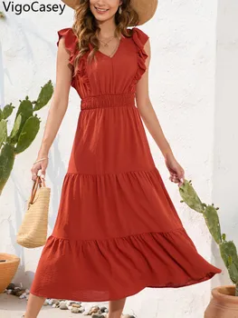 VigoCasey 2025 Summer Female Solid Long Dress Women Sexy Ruffle Sleeveless V Neck Long Dress Lady Casual High Waist Dresses