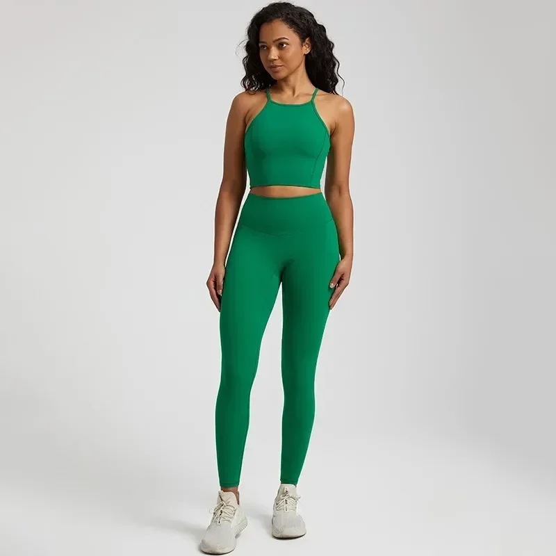 Lemon Gym Fitness Yoga Set Legging Back Cross Sport Bra Top 2pc Suit Comprehensive Training Jog Womencutout Tie Round Neck