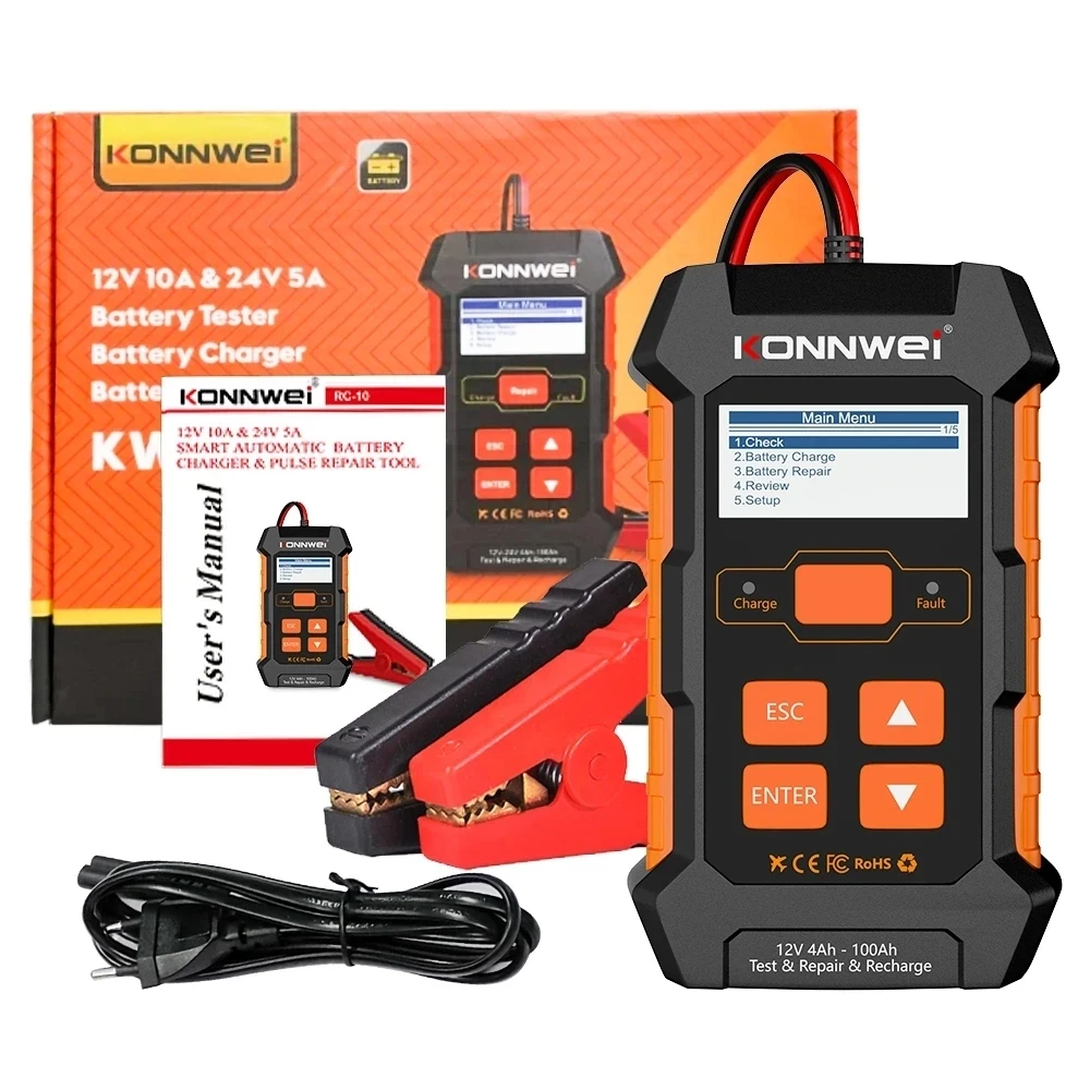 Konnwei Professional Smart 3-en-1 Chargeur de Batterie + Testeur