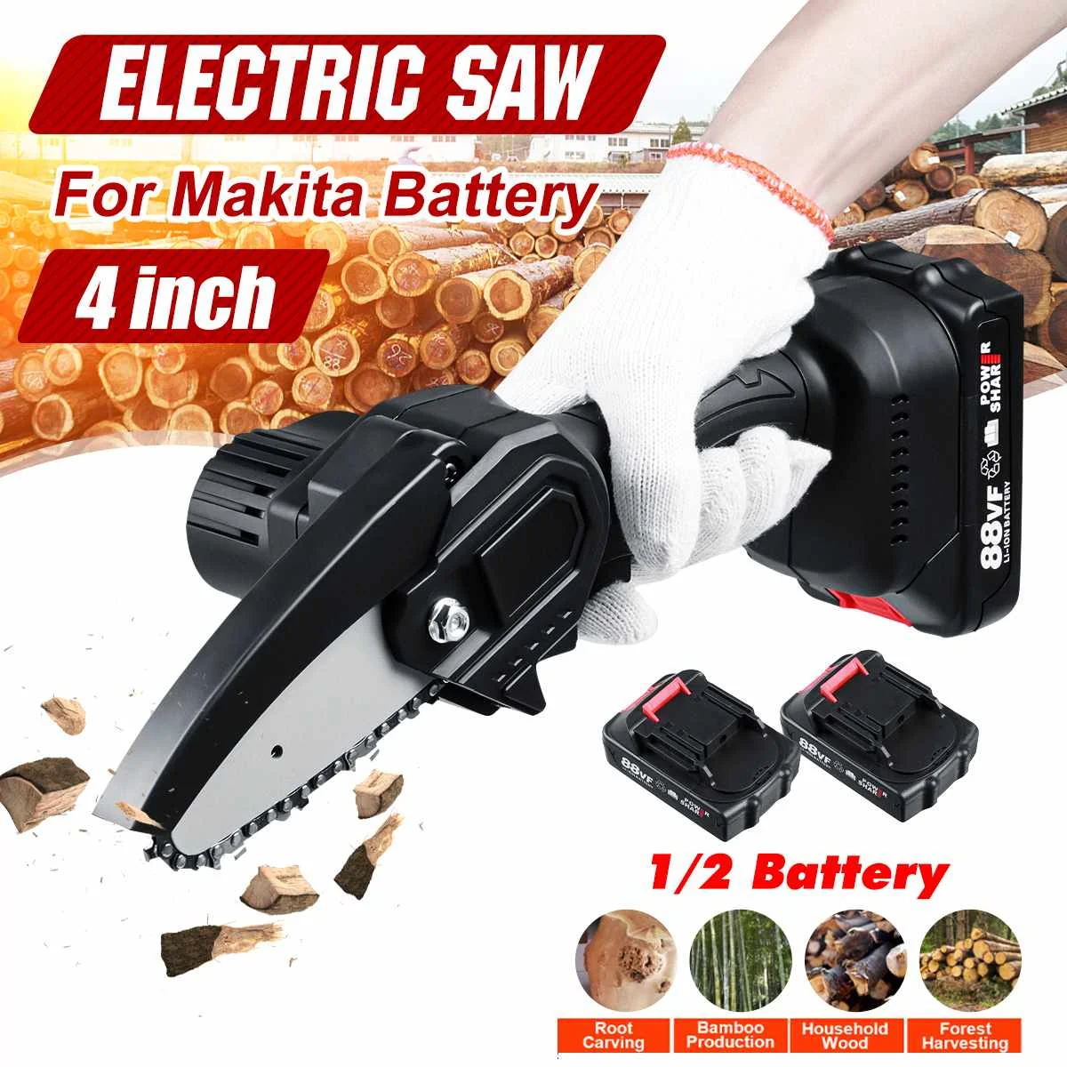 

21V Cordless Electric Chainsaw Chain Saw Handheld Garden Wood Cutting Tool with Battery Adapted To Makita18V Battery
