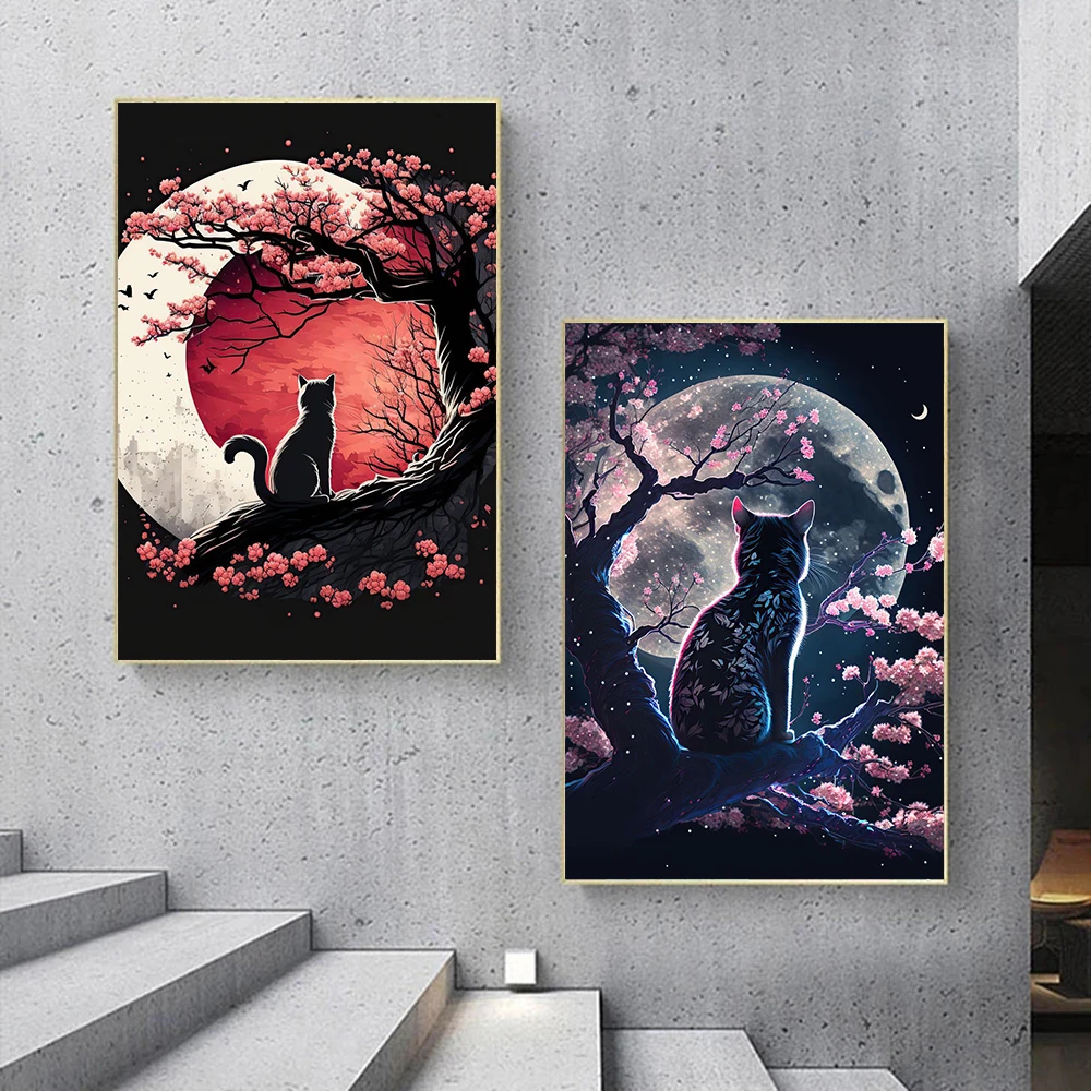 

Japanese Art Funny Cat Cherry Blossom Poster Prints For Living Room Home Decor Anime Animal Landscape Canvas Painting Wall Art