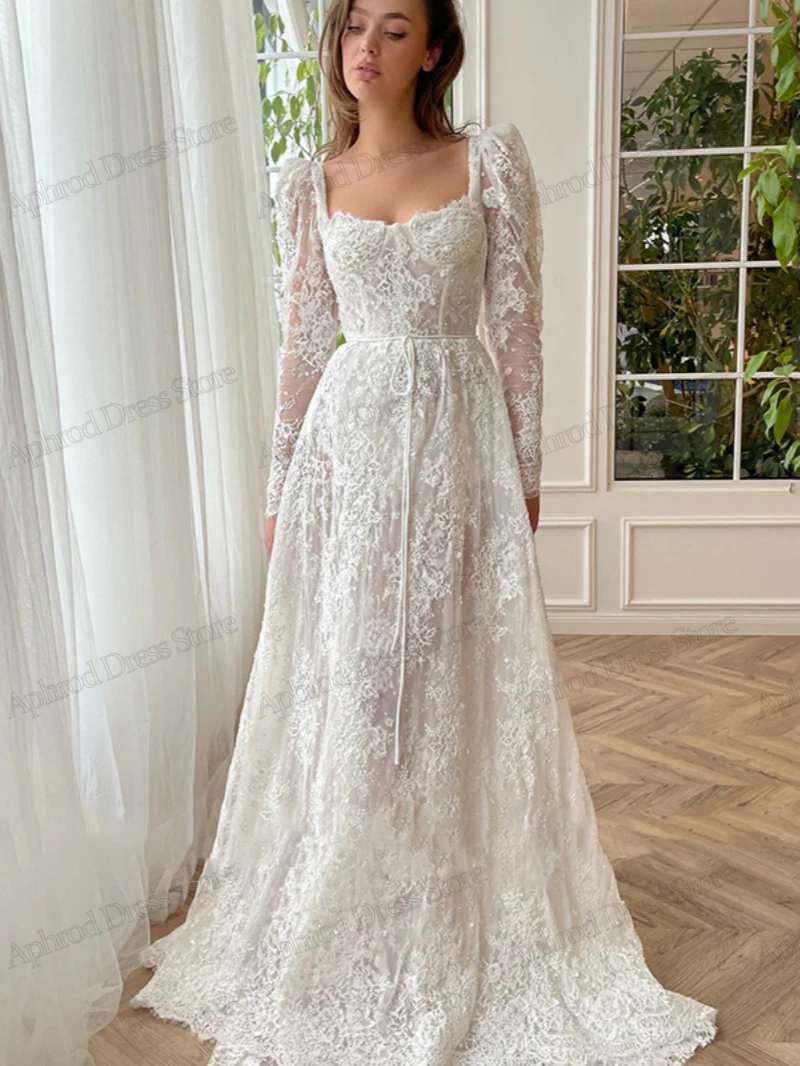 Exquisite Wedding Dresses A-Line Bridal Gowns Lace Appliques Full Sleeves Square Robes Glamorous Vestidos De Novia Customized 4