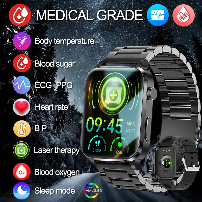 

HD Screen 1.7 Inch Smart Watch Laser Therapy Blood Suger Body Temperature 24 Hours Heart Rate Health Monitor Smartwatch For Men