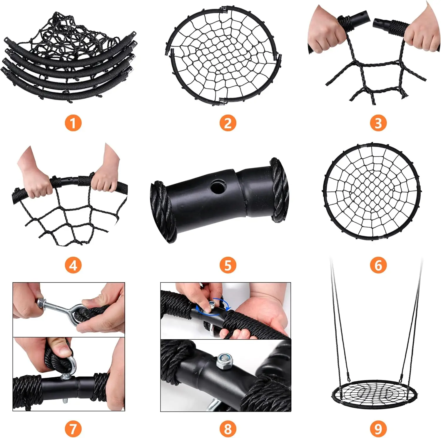 40'' Spider Web Tree Swing Round Net Swing Platform Rope Swing Set for Kids Adult, 71" Detachable Nylon Rope with Swivel 5