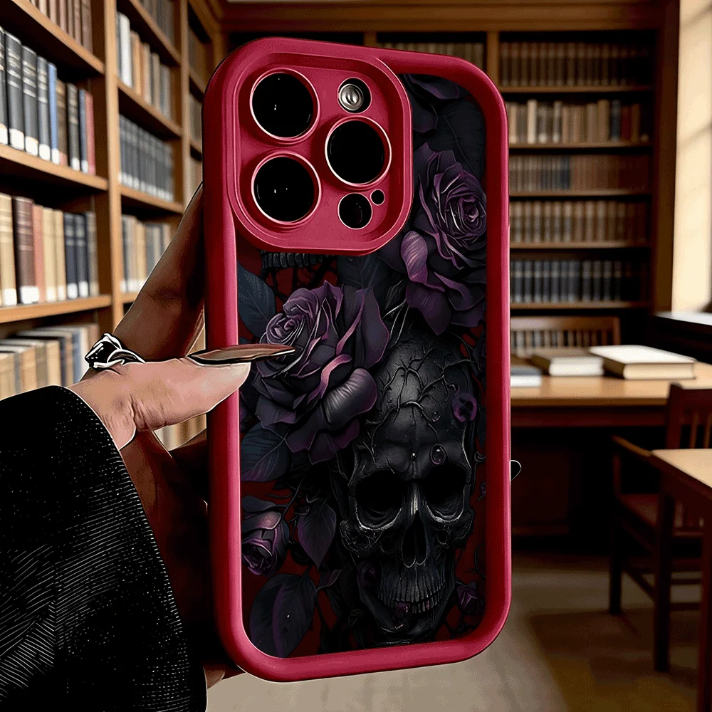 Black Skull & Purple Roses Soft TPU Shockproof Anti-Fall Protective Case