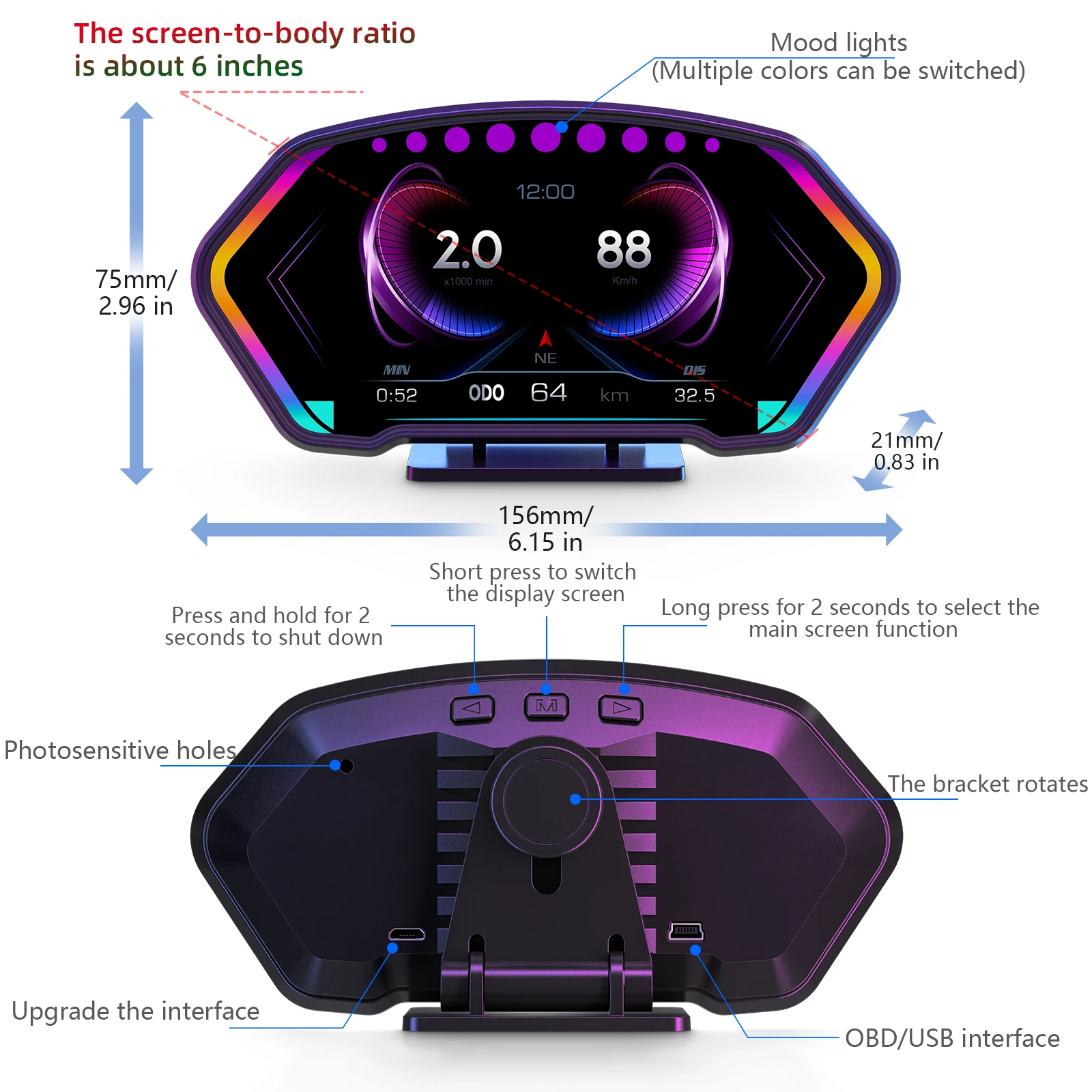 6인치 화면 P3 헤드업 디스플레이 OBD + GPS HUD 속도계 전압 시간 위도 경도 고도 표시 경사계 게이지