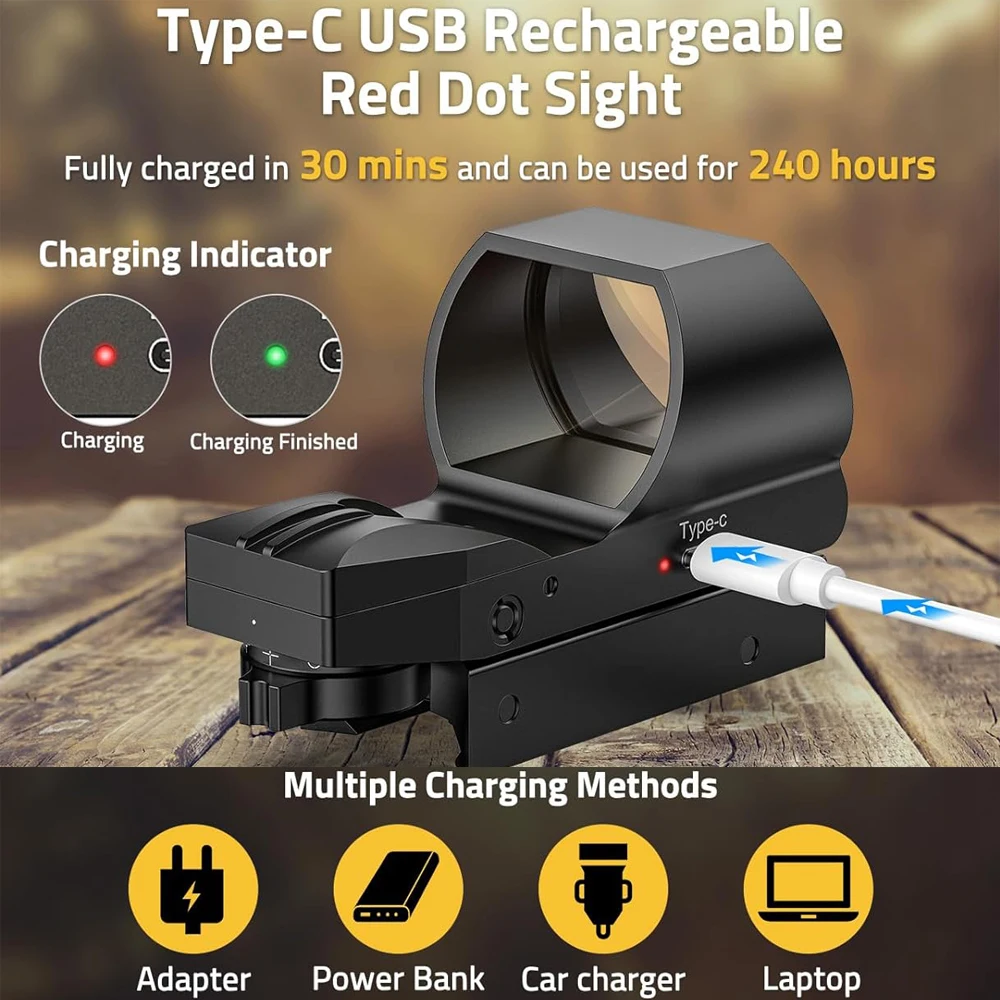 Description Picture 3 of item1x28x40mm Red Dot Sight Outdoor Hunting Optics Riflescope USB Rechargeable Reflex Sight Air Rifle Scope for 20mm Picatinny Rail