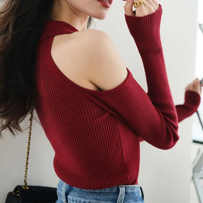 New Autumn and Winter Women's Clothing Lapel Sexy Off-the-shoulder V-neck Women's Long-sleeved Sweater Fashion Cardigan Knitwear
