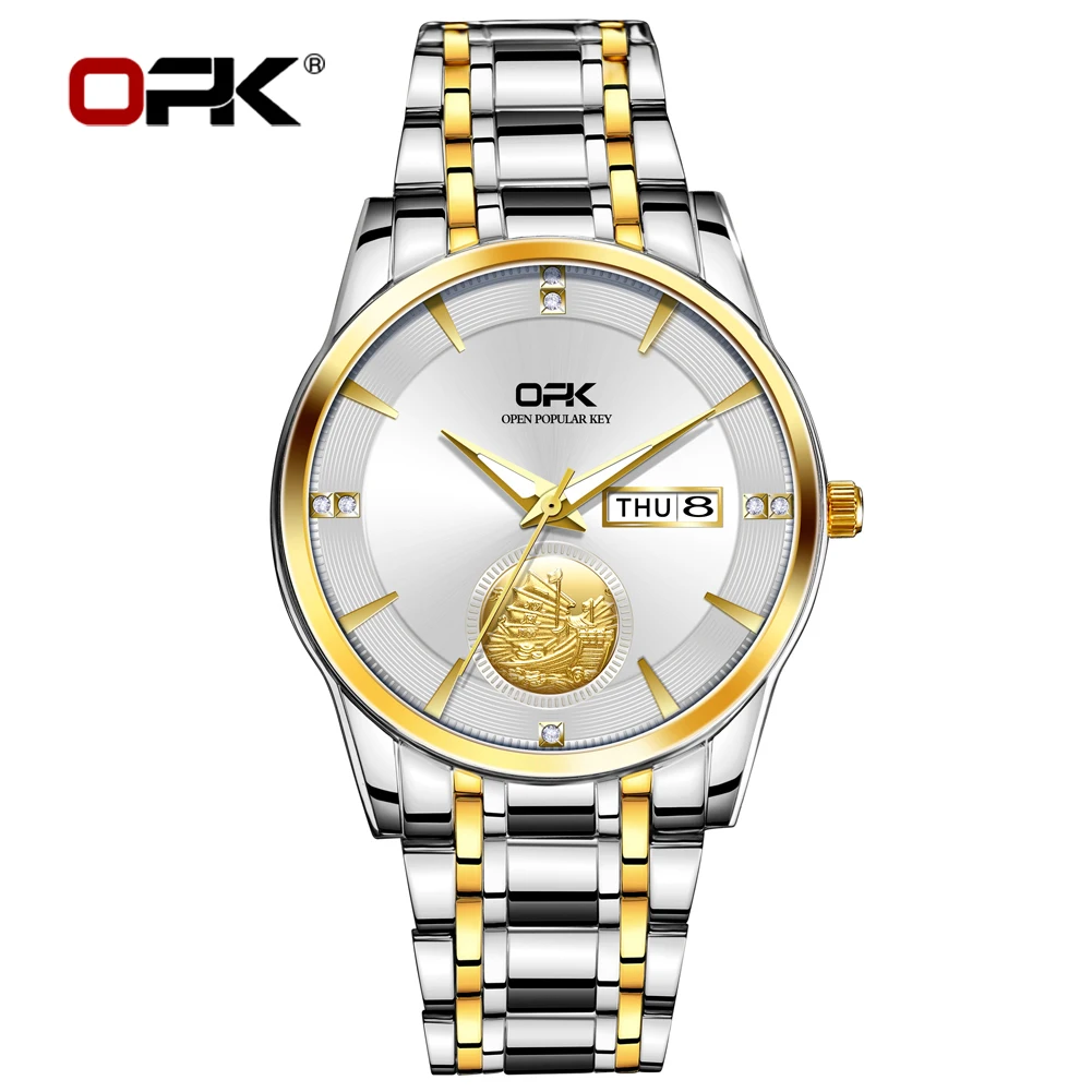 

OPK Dragon Design Gold Watch for Men Calendar Week Luminous Waterproof Stainless steel Wristwatch Luxury Men's Quartz Original