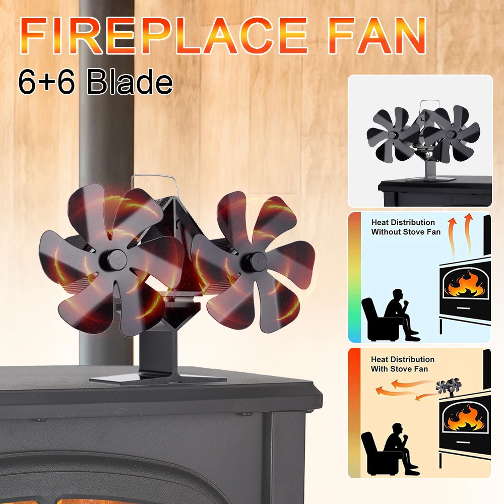 12 Blade Heat Powered Stove Fan Double Head Fireplace Fan Log Wood Burner Heat Powered Eco Winter Warm High-efficiency Heat