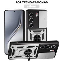 Tecno Camon 40 4G Protective Armor Case with Slide Lens Camera Protection and Magnetic Ring Holder for Tecno Camon 40 4G (Silver)