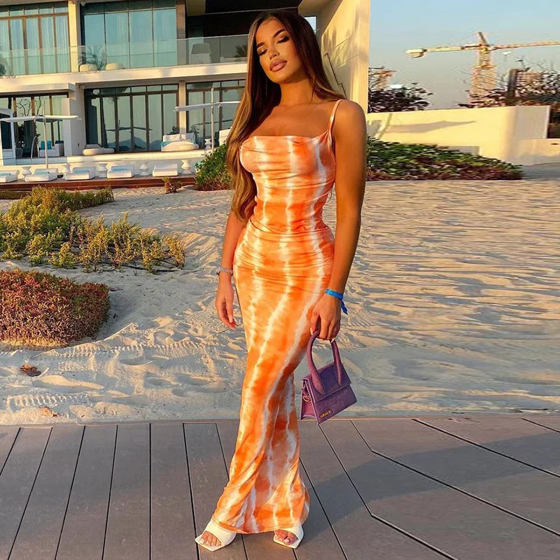

2023 Women Summer Party Sleeveless Slim Printed Bodycon Beach Long Dress Female Clothing Streetwear Wholesale Items
