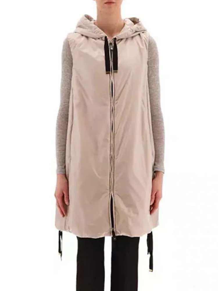 

Women Zipper Midi Down Vest Solid Color Casual Warm Loose Hoodies Tops Winter 2023 New Female Drawstring Jacket