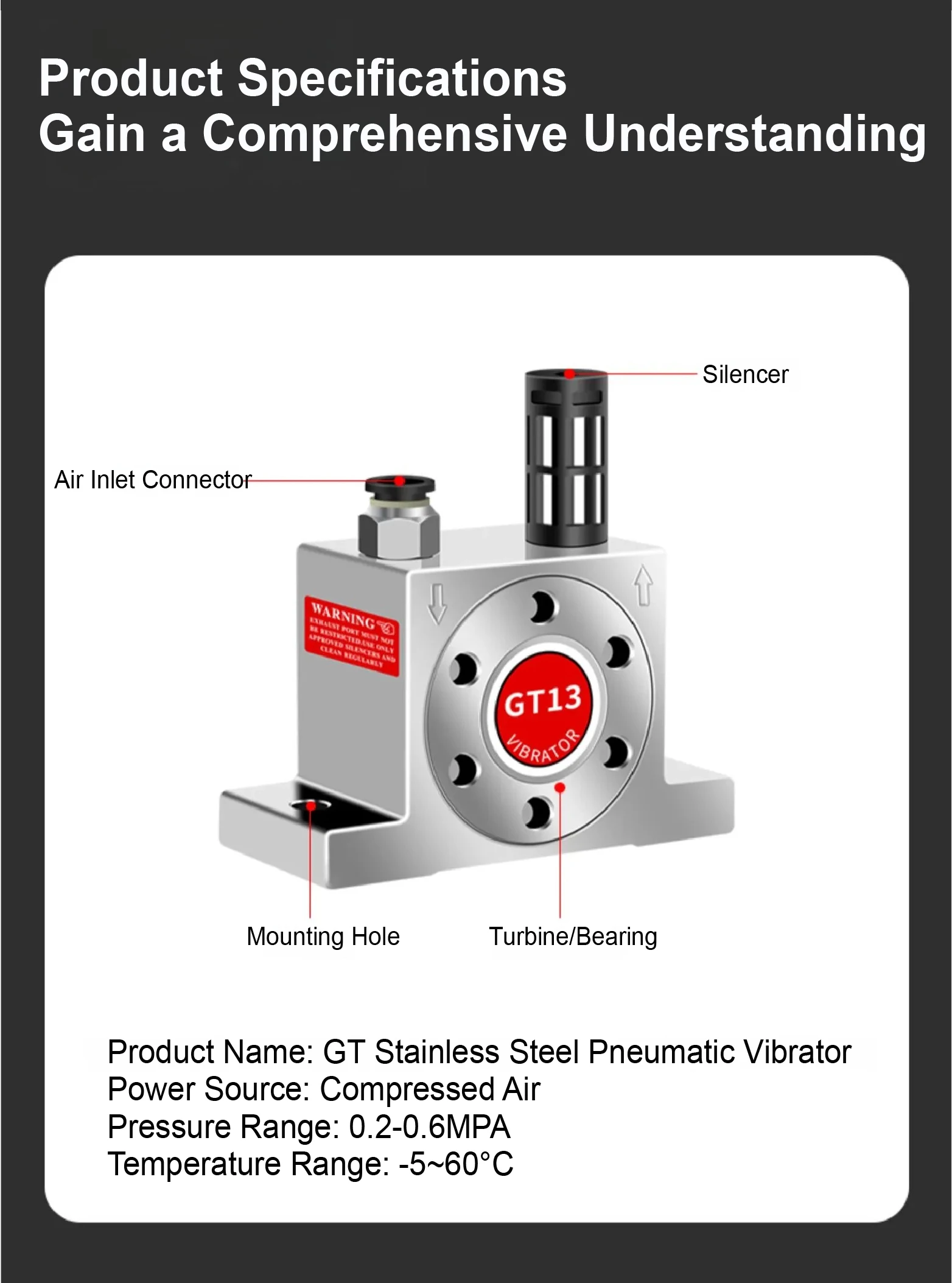 GT13 GT16 Pneumatic Turbine Vibrator 304 Stainless Steel Corrosion Resistant Hig