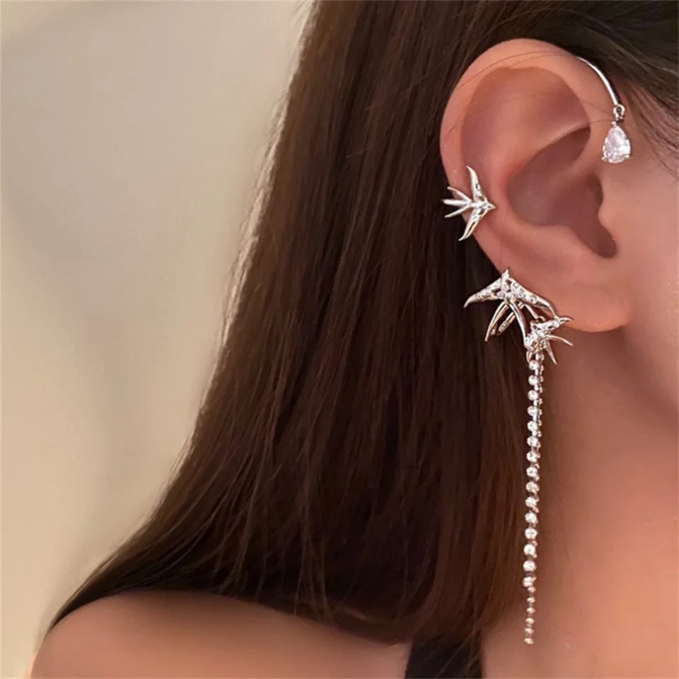 アクセサリーその他 Mini Pleated Ribbon Earcuff Zircon Butterfly Flower Leaf Tassel Ear Cuff Clip Non