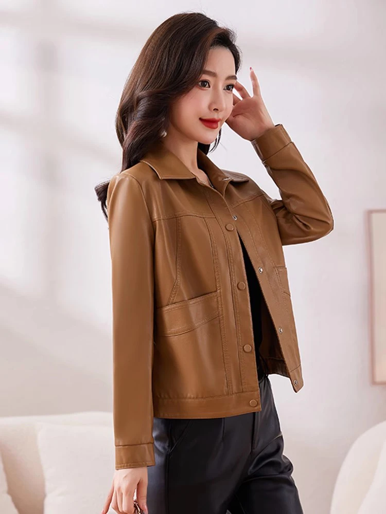 New Women Leather Jacket Spring Autumn Fashion Single Breasted Casual Slim Short Coat Split Leather Outerwear Plus Size M-6XL