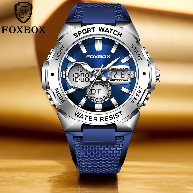 2023 FOXBOX Sport Watches For Men Strong Luminous Dual Display Waterproof Quartz Silicone Strap Wrist Watch Relogio Masculino