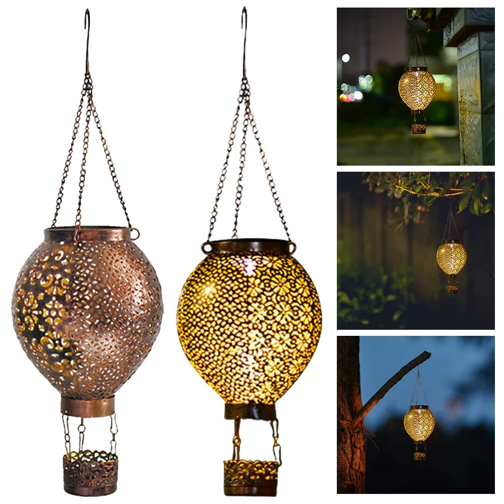 Solar Decorative Night Light IP55 Waterproof Retro Hot Air Balloon Light Auto On&Off Flower Hollow Out Lantern for Holiday Party