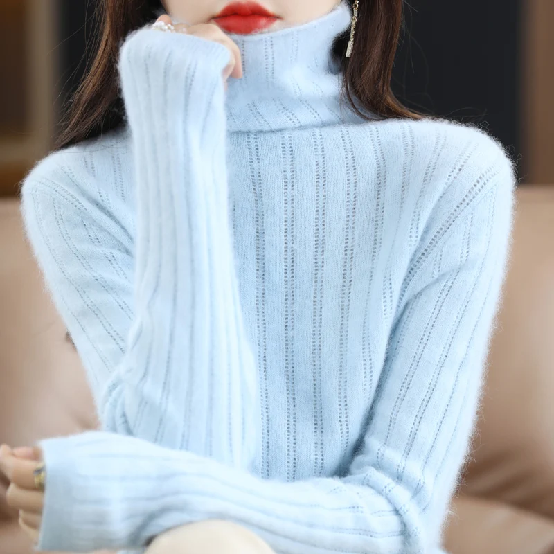 

Mink Cashmere WomenSweater Pile Collar Turtleneck Knitted Pullover Autumn Winter Elastic Bottoming Shirts Warm Basic Jumper