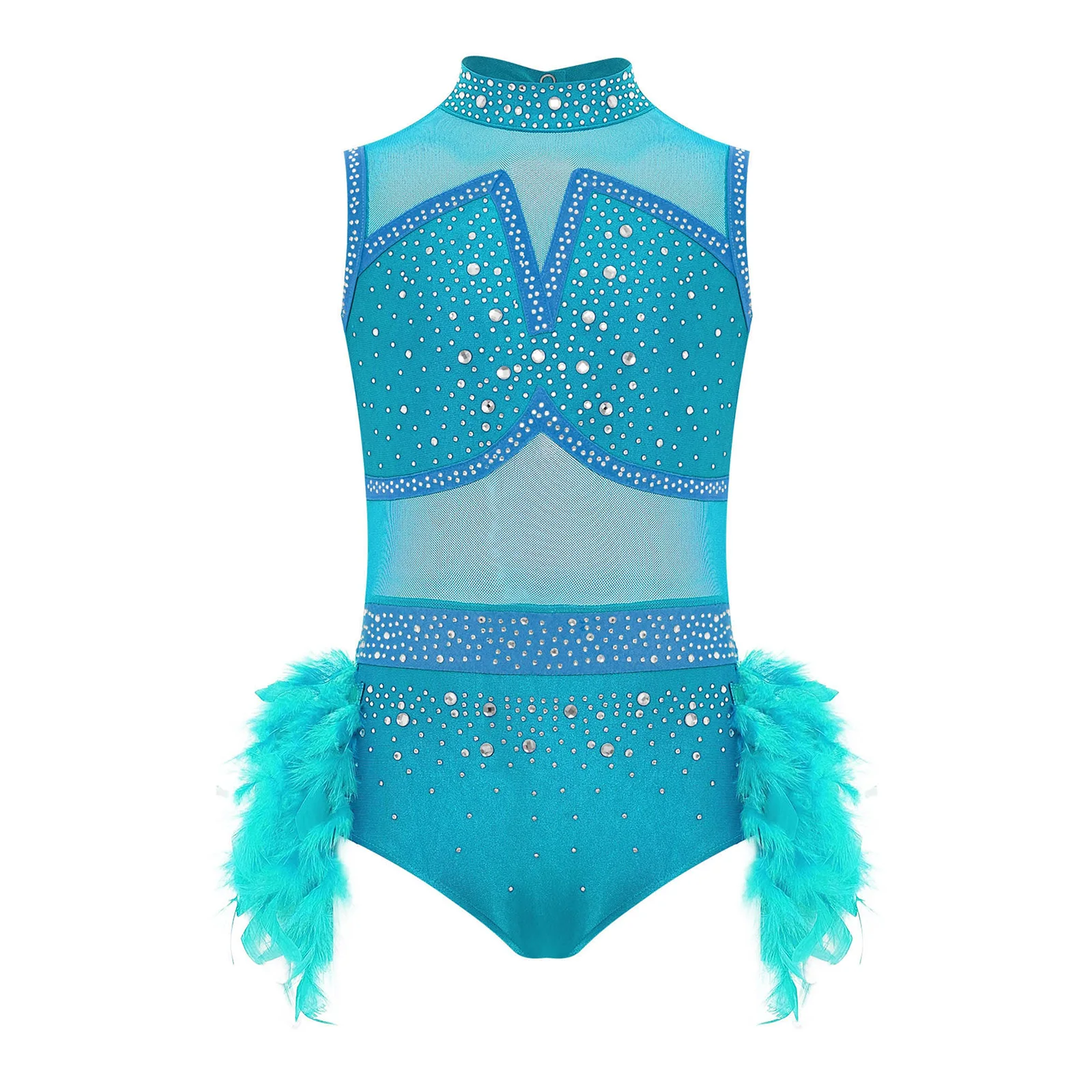 Kinder Mädchen Jazz Latin Tanz Auftritts-Kostüm Ärmellos mit Rückenausschnitt Glänzende Strass-Gymnastikanzüge mit Federrock – Detail 16