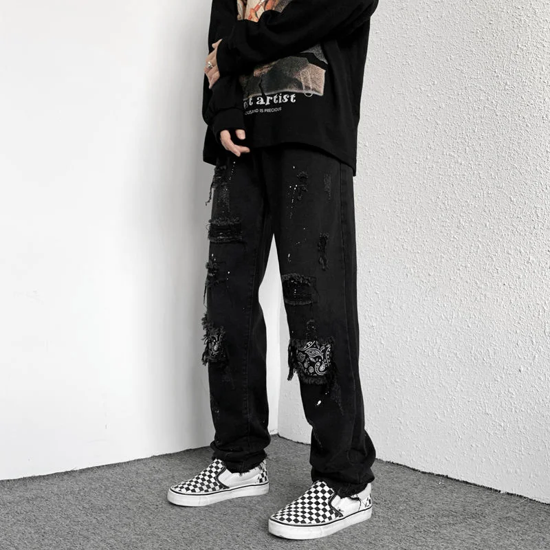 

Hole Stitching Beggar Jeans Men's Cashew Flower Splashing Loose Straight Denim Trousers Oversize Trend Retro Wide Leg Dad Pants