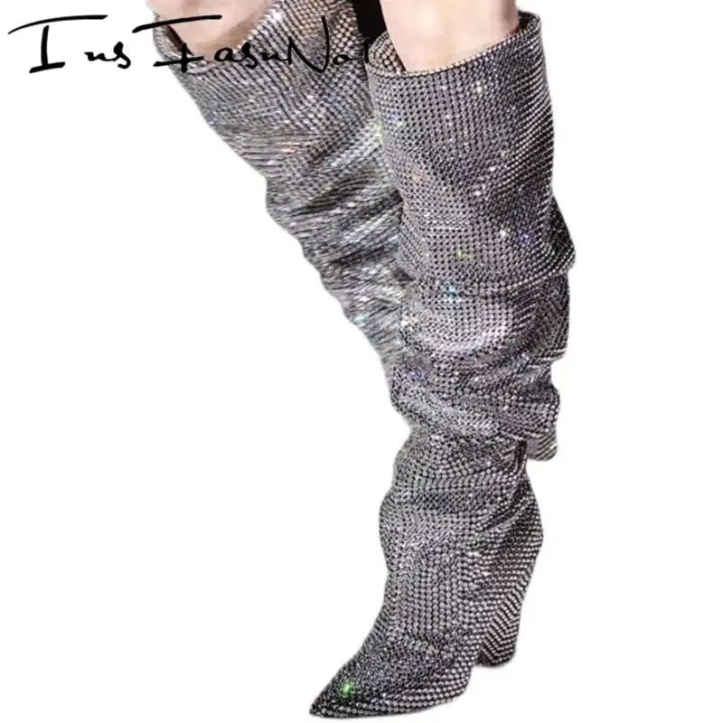 Bling Over The Knee Boots Crystal Women High Heel Thigh Boots Strass Shoes Pleated Spike Heel Rhinestone Long Wedding