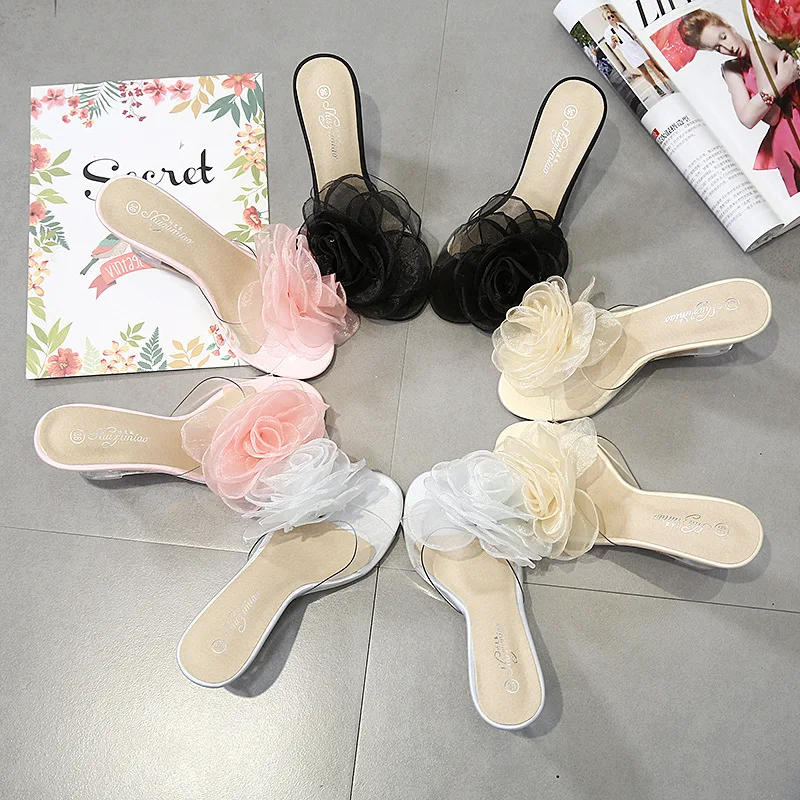 

Шлепанцы женские прозрачные на танкетке, блестящие сандалии на высоком каблуке, модные роскошные Тапочки с цветами, желе