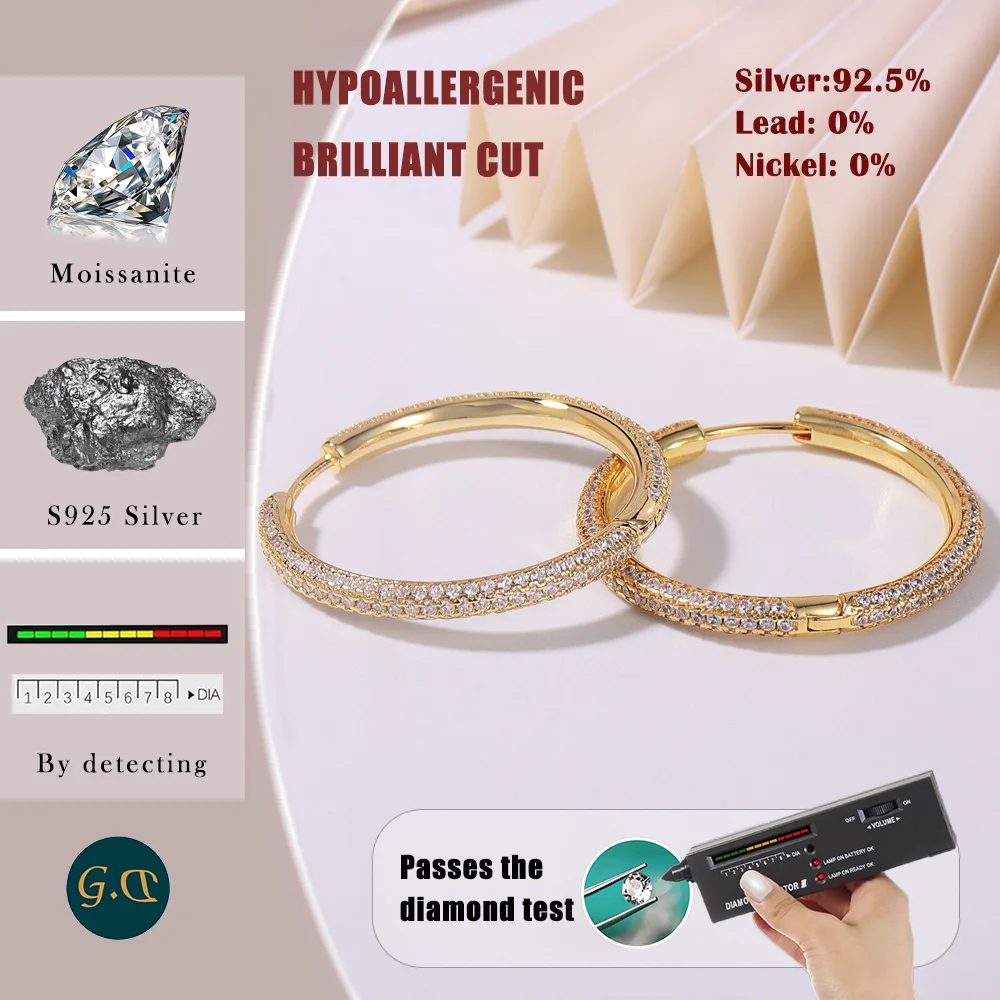 2pcs 30mm Moissanite Encrusted Gold Hoop Earrings - Luxurious and Timeless Elegance in 18K Gold Plated S925 Sterling Silver 3