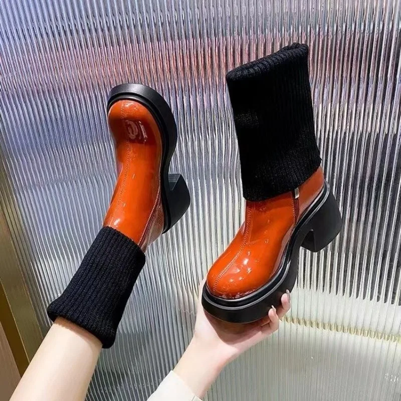 

Autumn and Winter New Knitted Spliced Slim Elastic Boots with Thick Heels and High Sleeves Fashion Two Wear Women's Boots