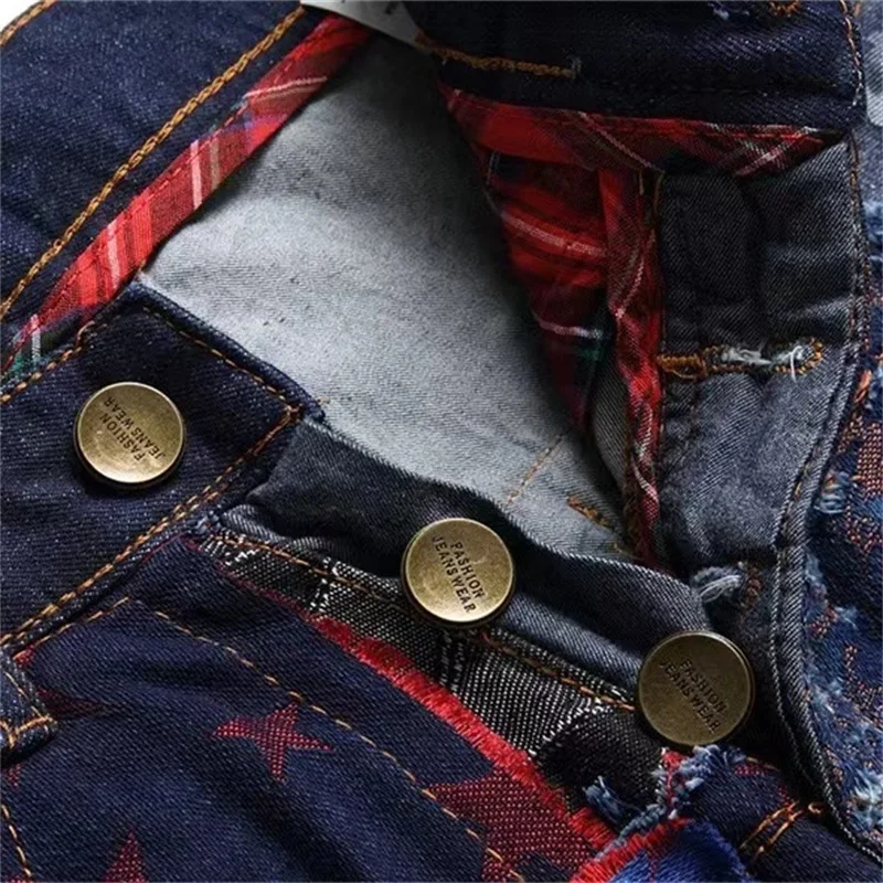 Patchwork Patch Jeans Men's High Street Vintage Feet Tight Luxury Star Embroidery Pants Slim Fit Trend Versatile Four Seasons 24