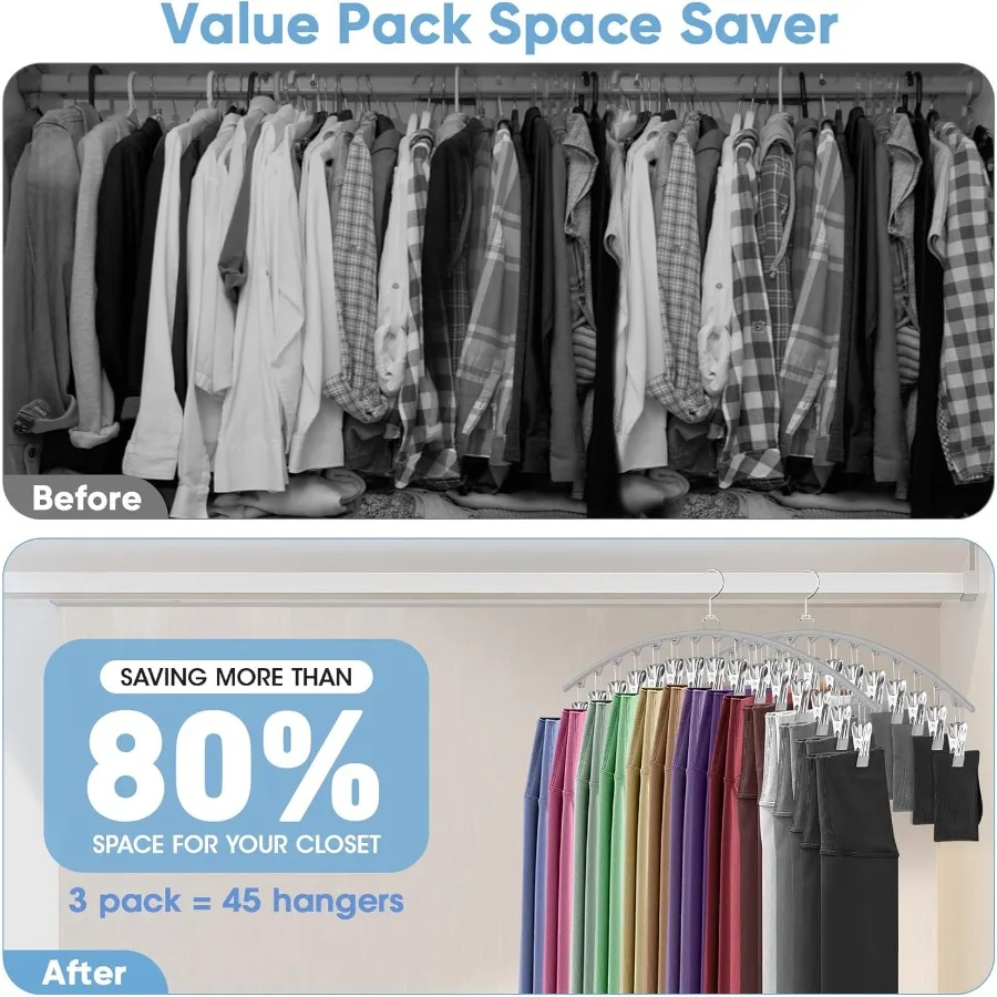 6 Pack Legging Organizer for Closet Hanging Pants Hangers with 15 Clips Holds Up to 45 Leggings Shorts Skirts Jeans Hats and Pa