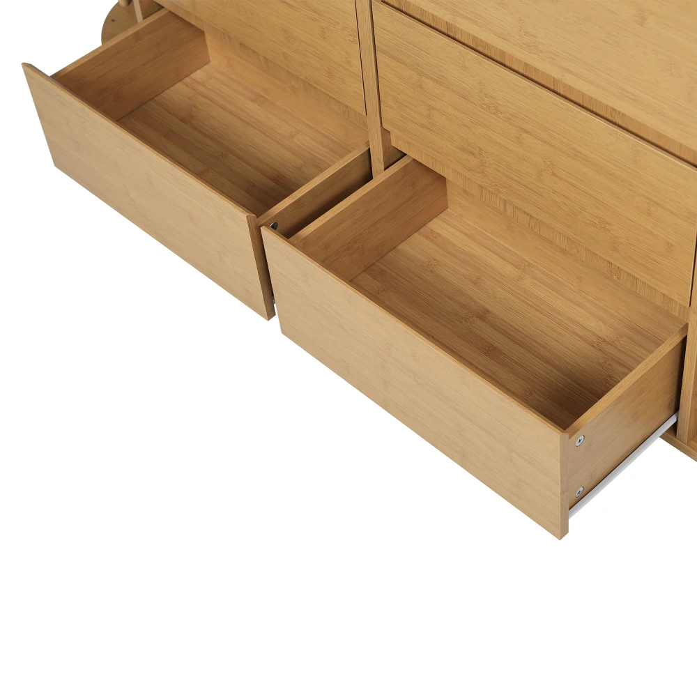 Kommode, Sideboard 160 cm, Eiche, mit Säulen und Bambusregalen, 6 Schubladen und offenen Regalen, höhenverstellbare Füße, L160 x H75 x B 40 cm – Detail 27