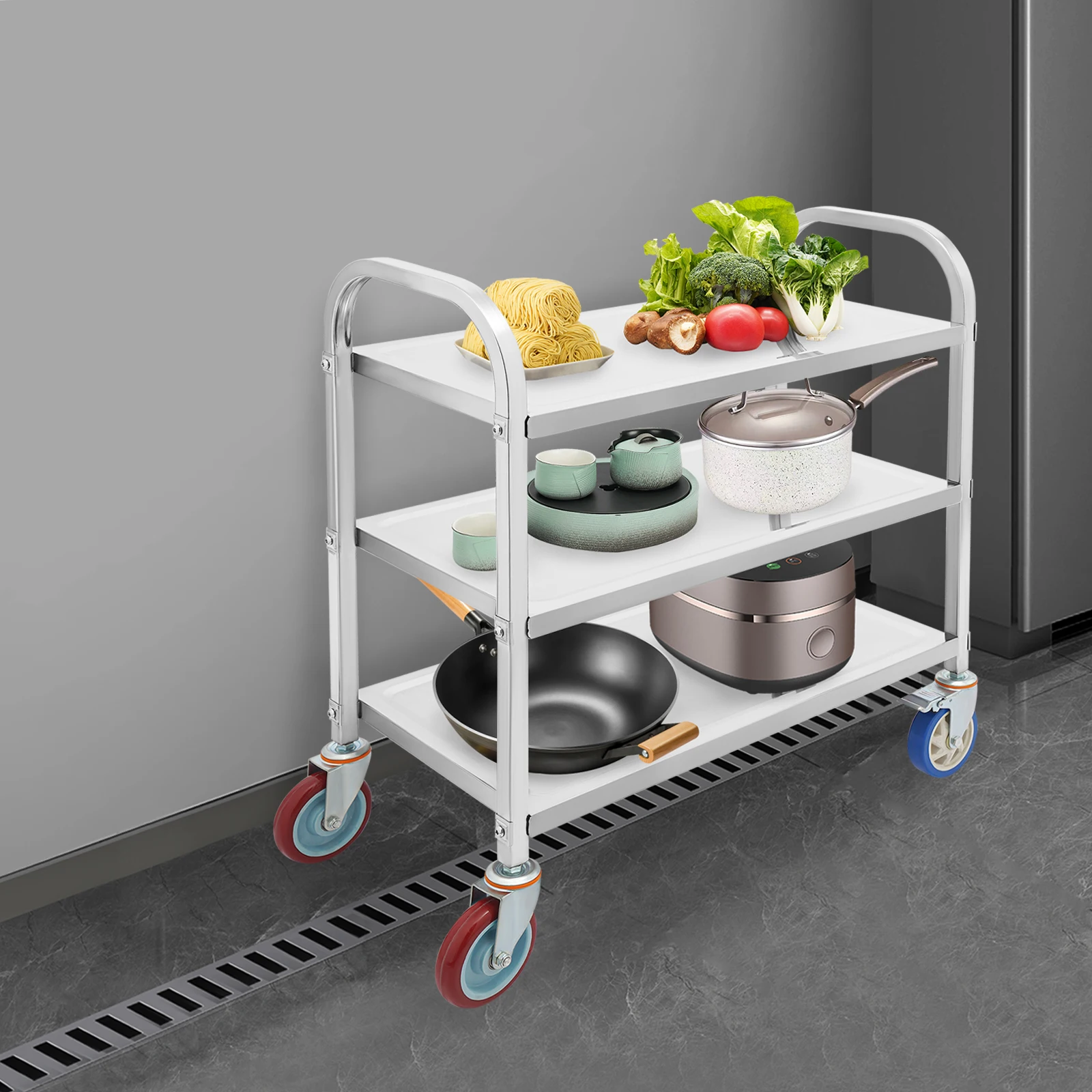 3 Tier Stainless Steel Kitchen Trolley Cart Utility Serving Storage Rolling Car Shelf Kitchen Trolley Car Cart