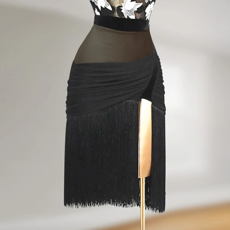 

Latin Dance Skirts For Women Mesh Pleated Split Tassel Skirt Training Clothes National Standard Dance Latin Costumes DN14996