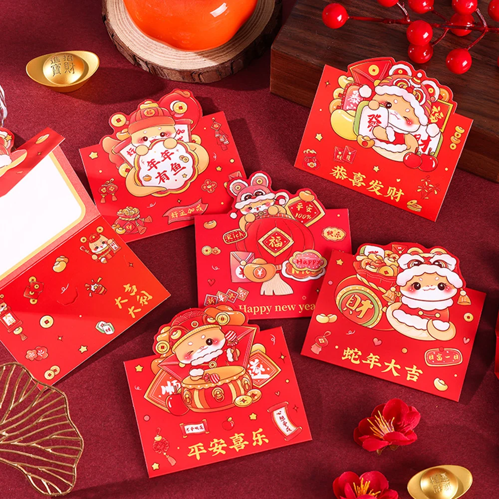 Cute Cartoon Snake Greeting Cards 10Pcs 3D New Year's Three Folding Greeting Card Envelope Gift Spring Festival Supplies