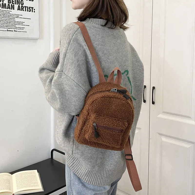 Cute Mini Plush Backpack for Kids Adult Parent-Child Shoulder Bag Autumn Lamb Fleece High-capacity Korean Student Samll Backpack 4