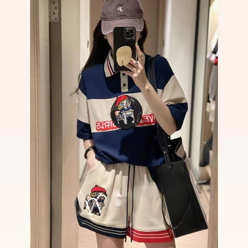 

Sports Casual Suit Women Summer Two-piece Set Short-sleeved Top Polo Neck Shorts Workout Set Y2k Clubs Korean Fashion Pullover